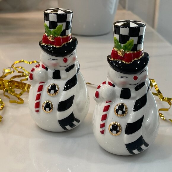 MacKenzie-Childs Courtly Check Snowman Salt & Pepper Set – New in Keepsake Box - Picture 2 of 12